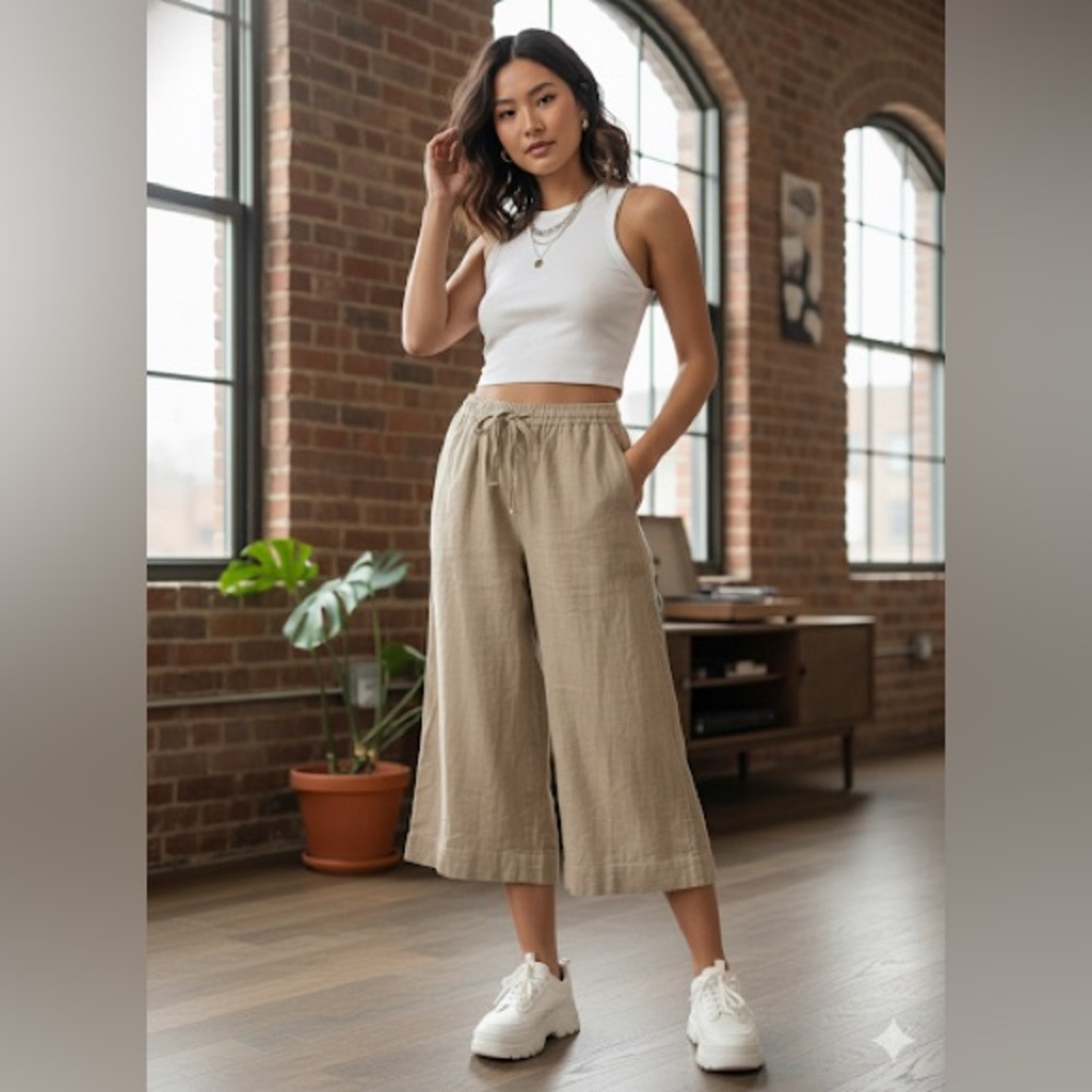 NWT MAX STUDIO Cropped Wide-Leg Linen Blend Summer Capri Trousers Size XL